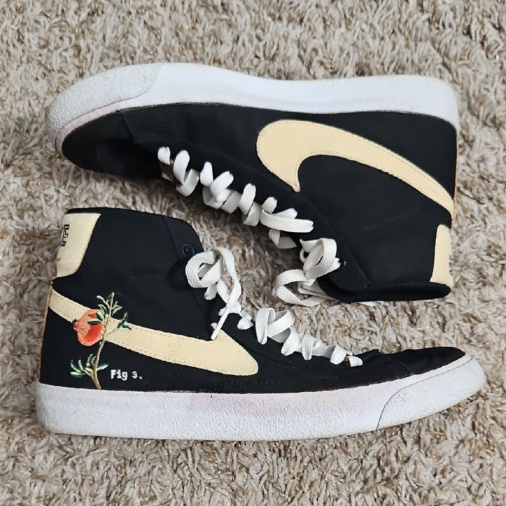 Nike Black and Cream High-Top Sneakers with Floral Detail